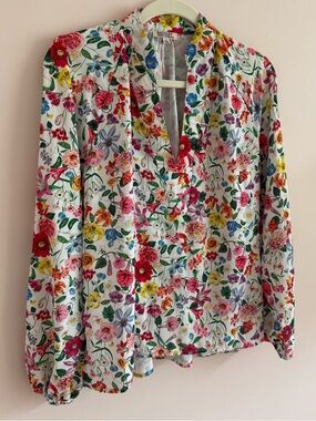 Badgley Mischka White Floral Split-Neck Blouse